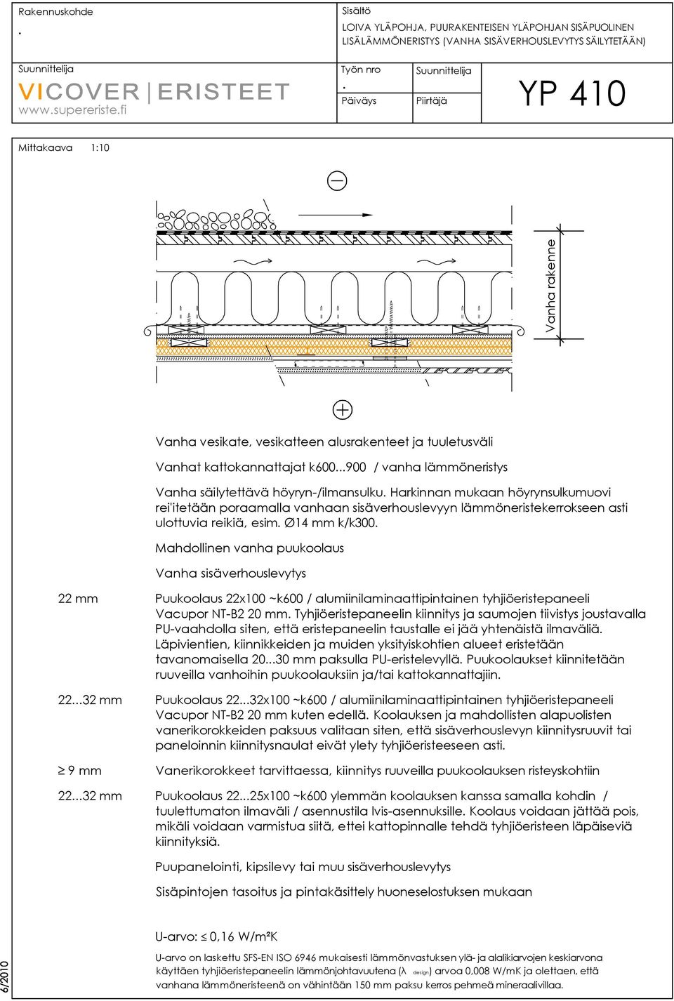ulottuvia reikiä, esim Ø14 mm k/k300 Mahdollinen vanha puukoolaus Vanha sisäverhouslevytys 22 mm Puukoolaus 22x100 ~k600 / alumiinilaminaattipintainen tyhjiöeristepaneeli Vacupor NT-B2 20 mm