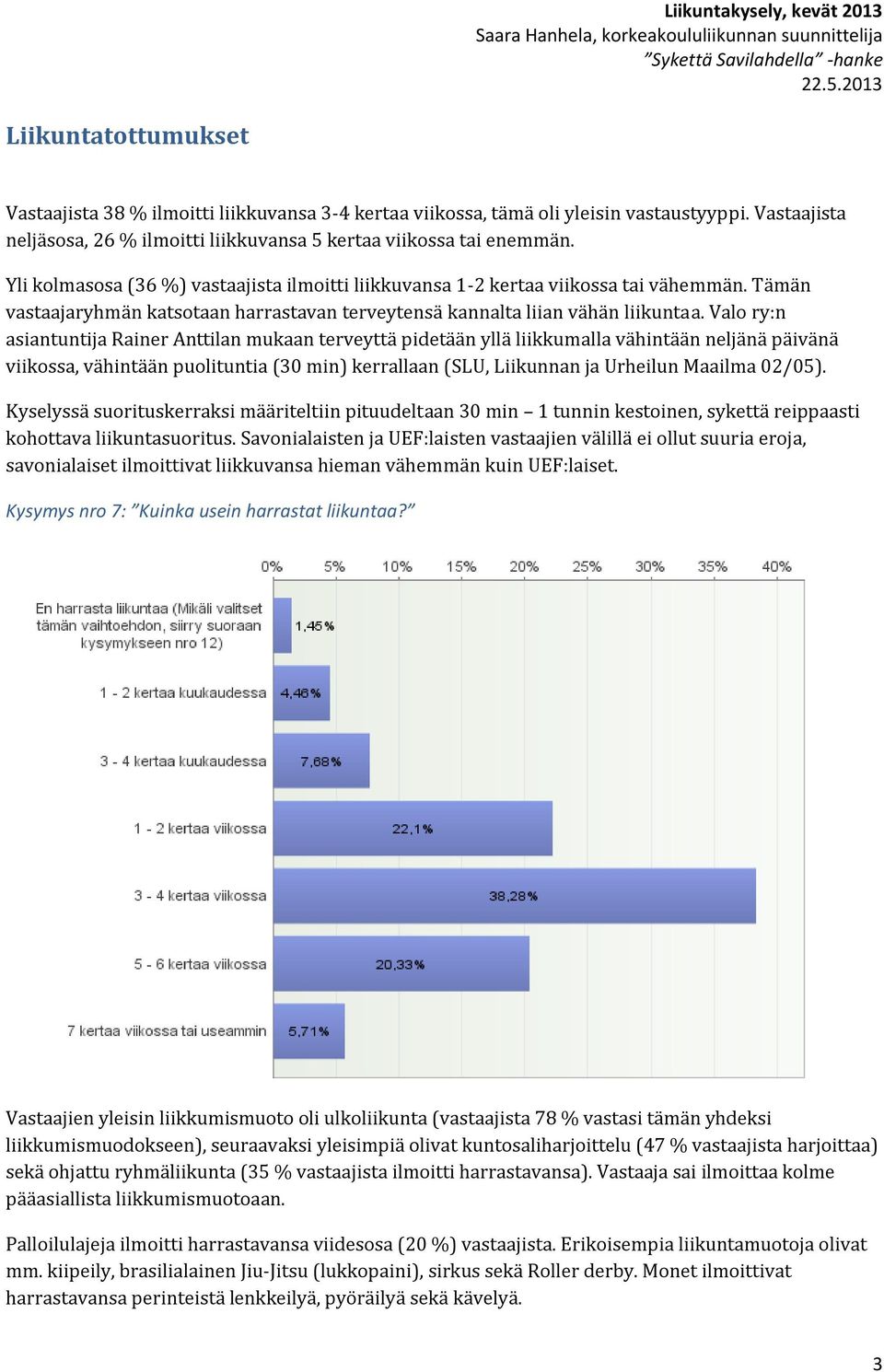 Valo ry:n asiantuntija Rainer Anttilan mukaan terveyttä pidetään yllä liikkumalla vähintään neljänä päivänä viikossa, vähintään puolituntia (30 min) kerrallaan (SLU, Liikunnan ja Urheilun Maailma