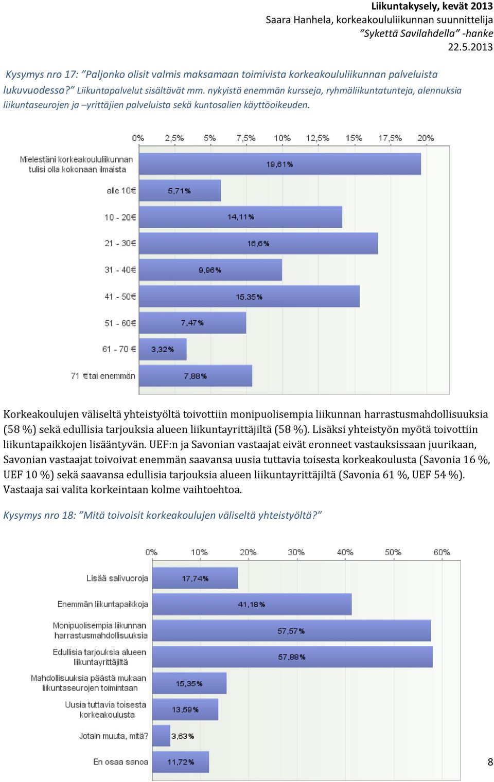 Korkeakoulujen väliseltä yhteistyöltä toivottiin monipuolisempia liikunnan harrastusmahdollisuuksia (58 %) sekä edullisia tarjouksia alueen liikuntayrittäjiltä (58 %).