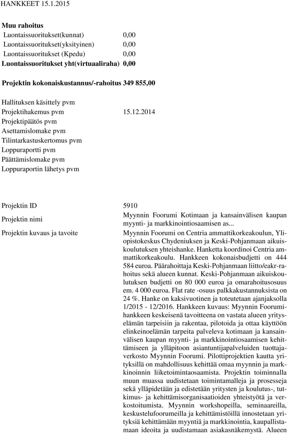 2014 Projektipäätös pvm Asettamislomake pvm Tilintarkastuskertomus pvm Loppuraportti pvm Päättämislomake pvm Loppuraportin lähetys pvm Projektin ID 5910 Myynnin Foorumi Kotimaan ja kansainvälisen