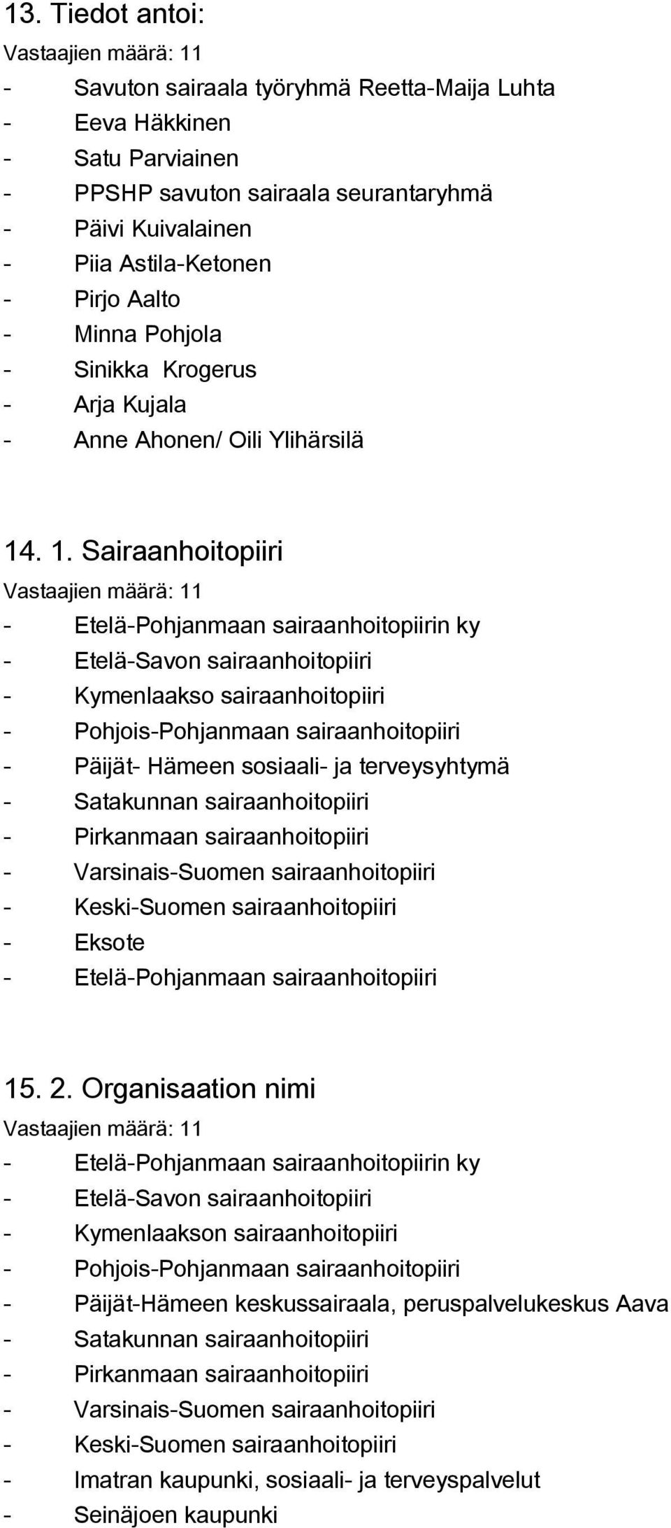 . 1. Sairaanhoitopiiri - Etelä-Pohjanmaan sairaanhoitopiirin ky - Etelä-Savon sairaanhoitopiiri - Kymenlaakso sairaanhoitopiiri - Pohjois-Pohjanmaan sairaanhoitopiiri - Päijät- Hämeen sosiaali- ja