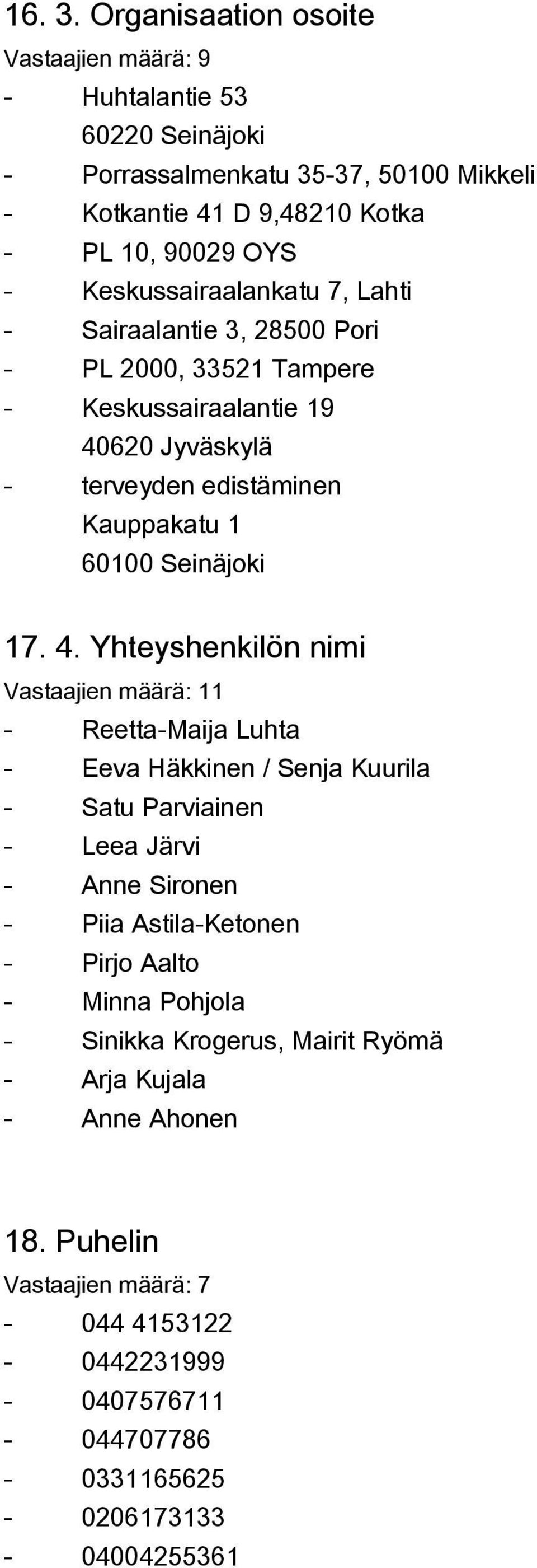 Keskussairaalankatu 7, Lahti - Sairaalantie 3, 28500 Pori - PL 2000, 33521 Tampere - Keskussairaalantie 19 40620 Jyväskylä - terveyden edistäminen Kauppakatu 1 60100 Seinäjoki