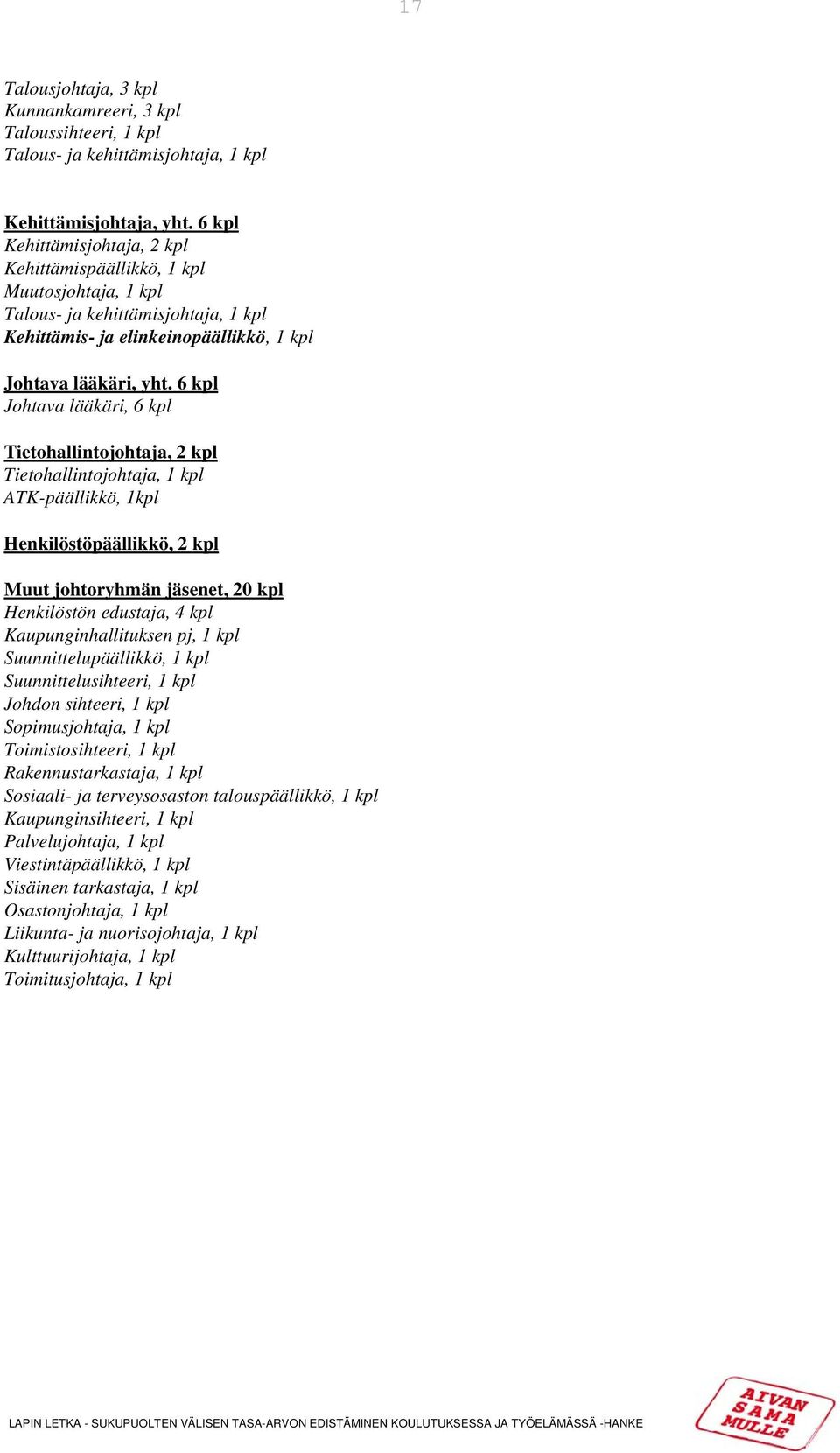 6 kpl Johtava lääkäri, 6 kpl Tietohallintojohtaja, 2 kpl Tietohallintojohtaja, 1 kpl ATK-päällikkö, 1kpl Henkilöstöpäällikkö, 2 kpl Muut johtoryhmän jäsenet, 20 kpl Henkilöstön edustaja, 4 kpl