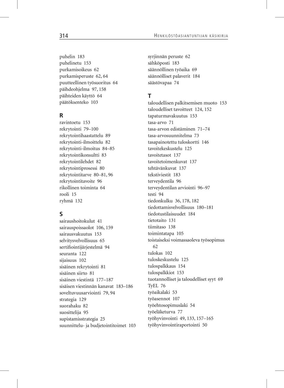 rekrytointiprosessi 80 rekrytointitarve 80 81, 96 rekrytointitavoite 96 rikollinen toiminta 64 rooli 15 ryhmä 132 S sairaushoitokulut 41 sairauspoissaolot 106, 159 sairausvakuutus 153
