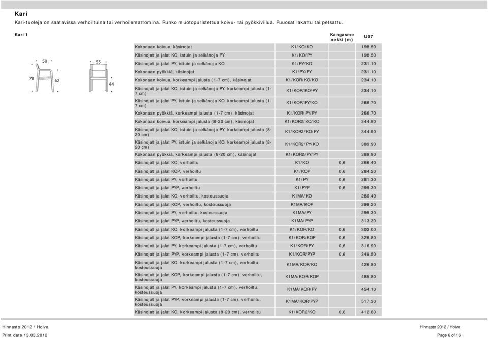 10 Kokonaan koivua, korkeampi jalusta (1-7 cm), käsinojat K1/KOR/KO/KO 234.10 Käsinojat ja jalat KO, istuin ja selkänoja PY, korkeampi jalusta (1-7 cm) K1/KOR/KO/PY 234.