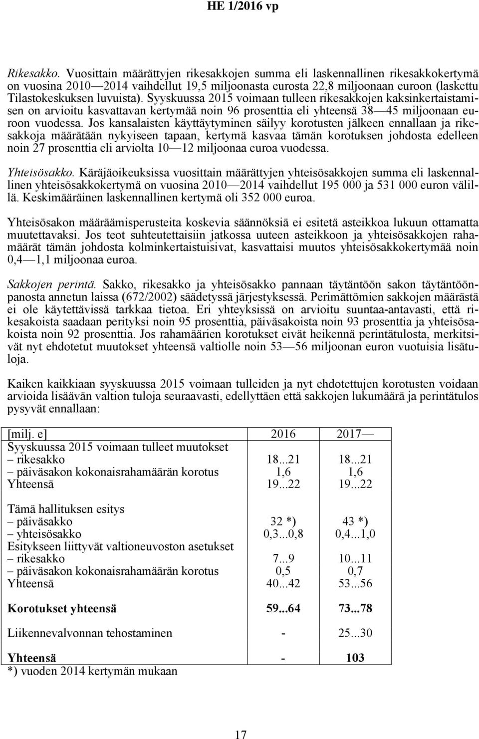 Syyskuussa 2015 voimaan tulleen rikesakkojen kaksinkertaistamisen on arvioitu kasvattavan kertymää noin 96 prosenttia eli yhteensä 38 45 miljoonaan euroon vuodessa.