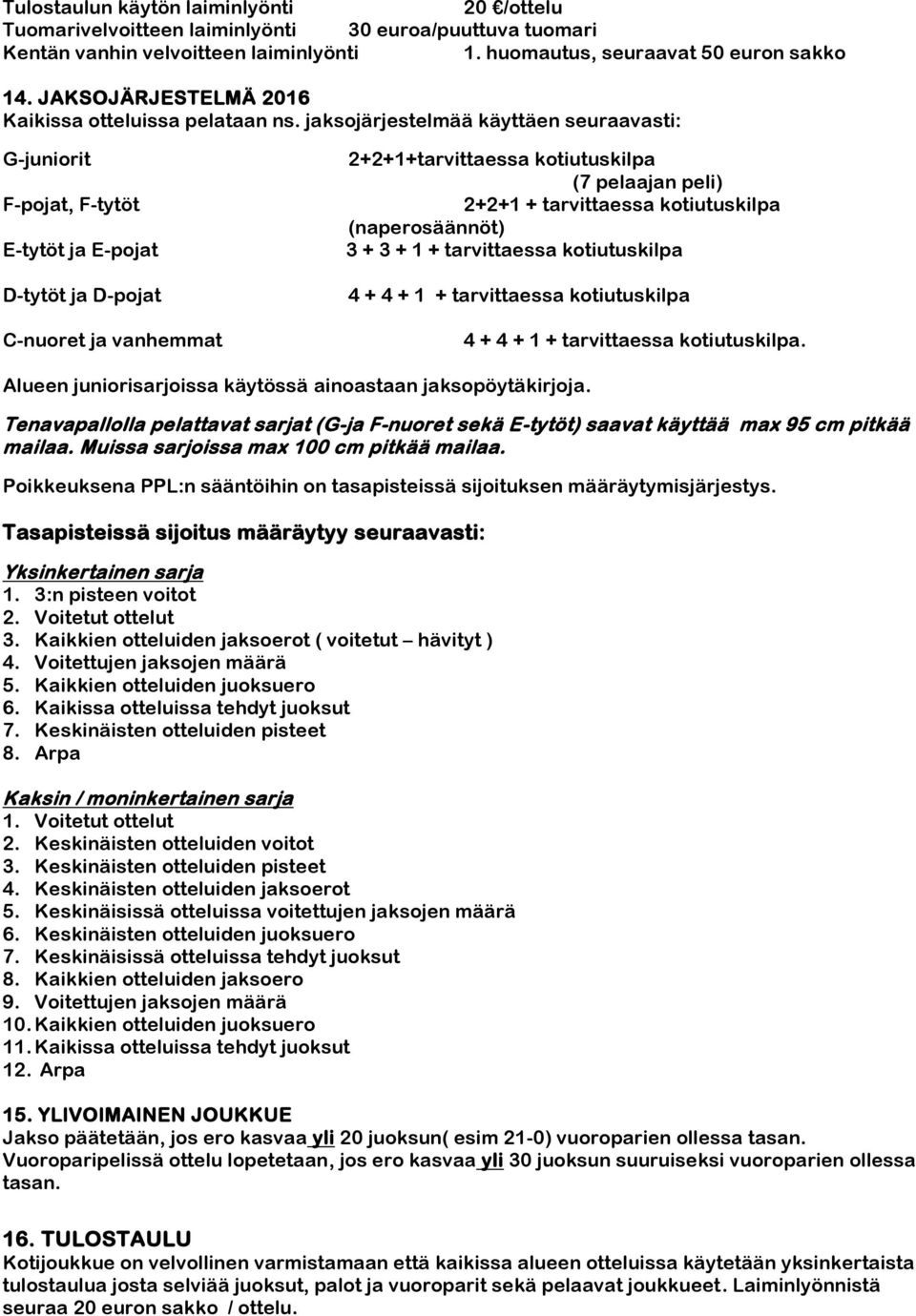 jaksojärjestelmää käyttäen seuraavasti: G-juniorit F-pojat, F-tytöt E-tytöt ja E-pojat D-tytöt ja D-pojat C-nuoret ja vanhemmat 2+2+1+tarvittaessa kotiutuskilpa (7 pelaajan peli) 2+2+1 + tarvittaessa