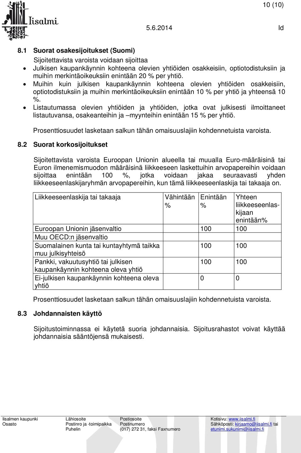 % per yhtiö. Muihin kuin julkisen kaupankäynnin kohteena olevien yhtiöiden osakkeisiin, optiotodistuksiin ja muihin merkintäoikeuksiin enintään 10 % per yhtiö ja yhteensä 10 %.