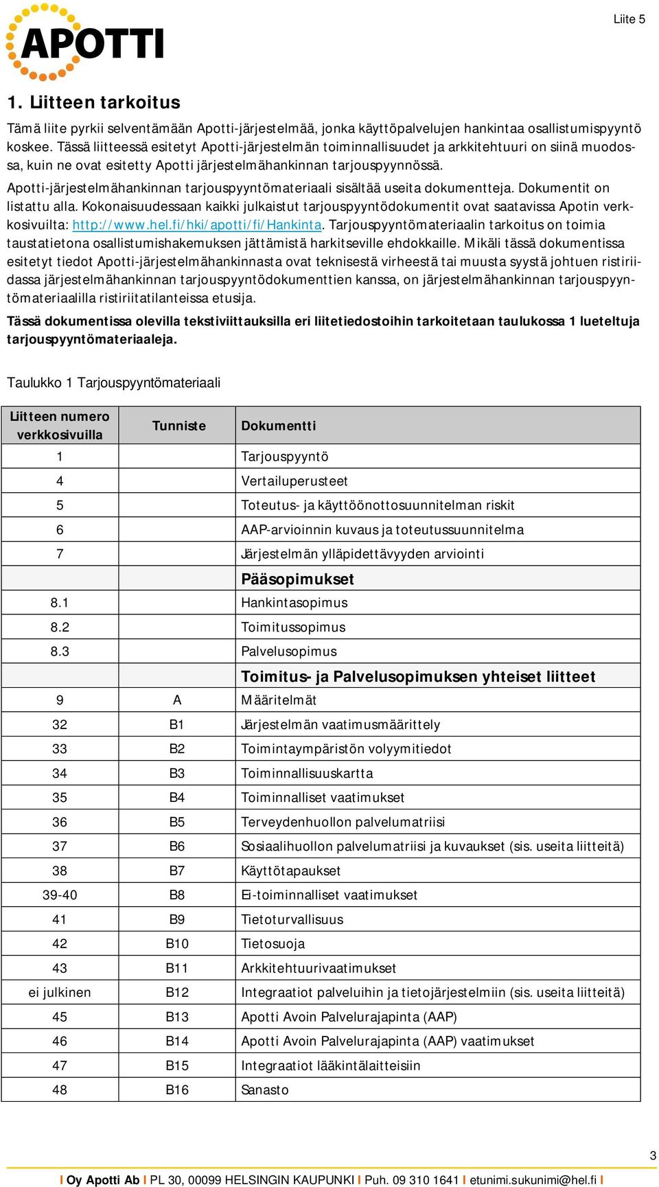 Apotti-järjestelmähankinnan tarjouspyyntömateriaali sisältää useita dokumentteja. Dokumentit on listattu alla.