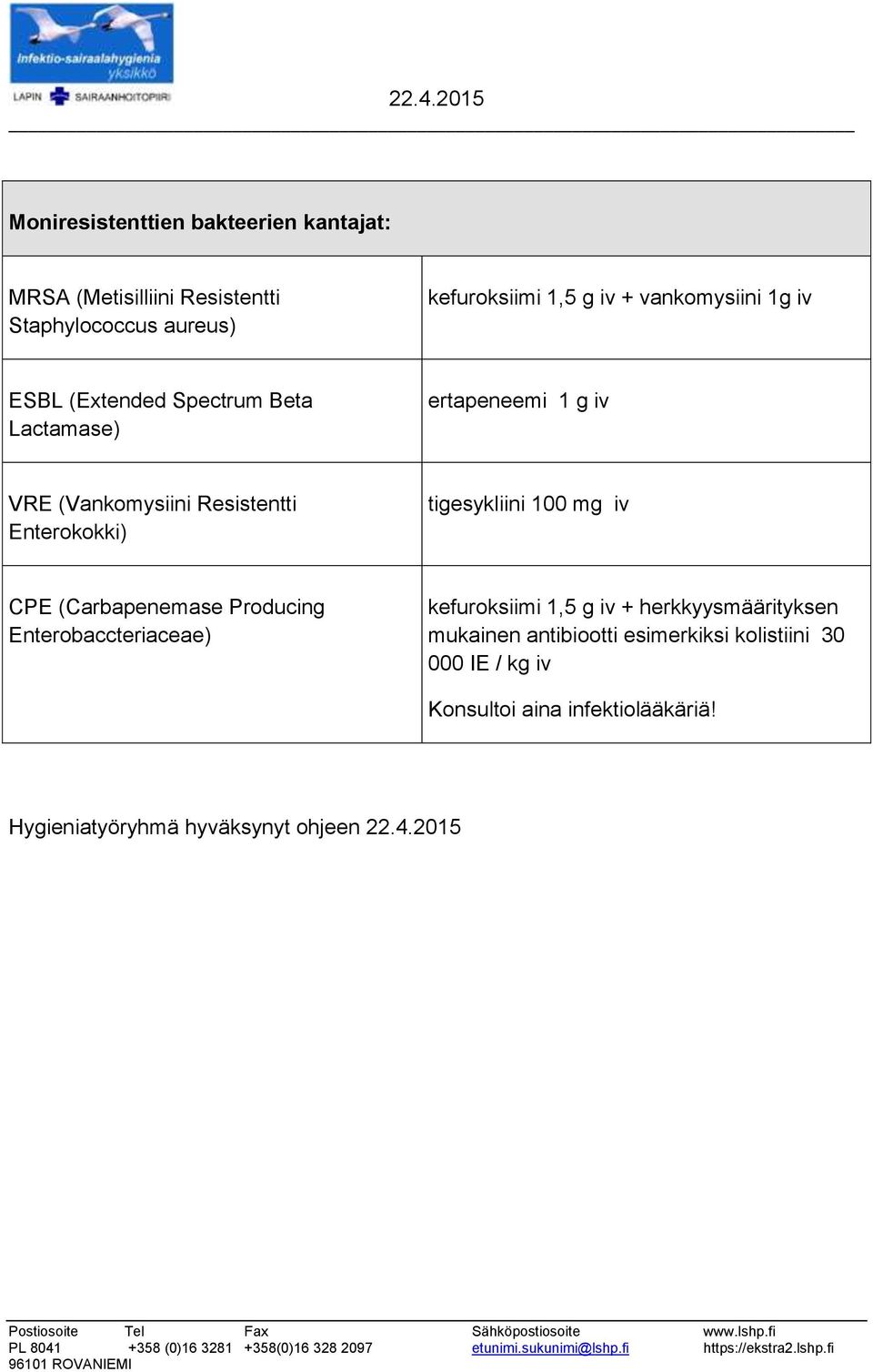 tigesykliini 100 mg iv CPE (Carbapenemase Producing Enterobaccteriaceae) + herkkyysmäärityksen mukainen