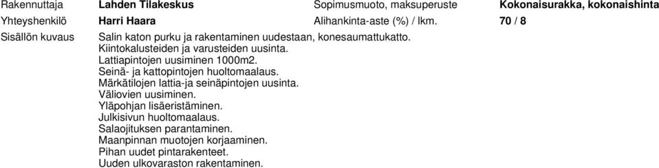 Lattiapintojen uusiminen 1000m2. Seinä- ja kattopintojen huoltomaalaus. Märkätilojen lattia-ja seinäpintojen uusinta. Väliovien uusiminen.