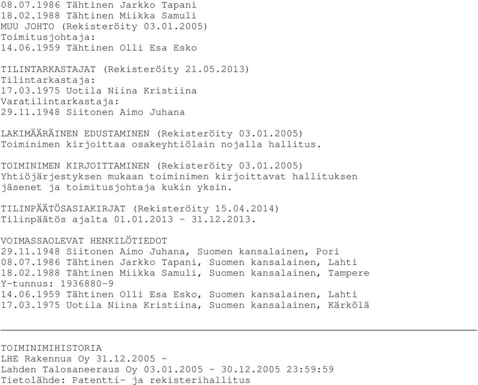 TOIMINIMEN KIRJOITTAMINEN (Rekisteröity 03.01.2005) Yhtiöjärjestyksen mukaan toiminimen kirjoittavat hallituksen jäsenet ja toimitusjohtaja kukin yksin. TILINPÄÄTÖSASIAKIRJAT (Rekisteröity 15.04.