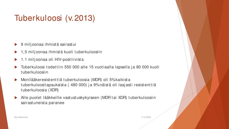 tuberkuloosiin Monilääkeresistenttiä tuberkuloosia (MDR) oli 5% kaikista tuberkuloositapauksista ( 480 000) ja 9%