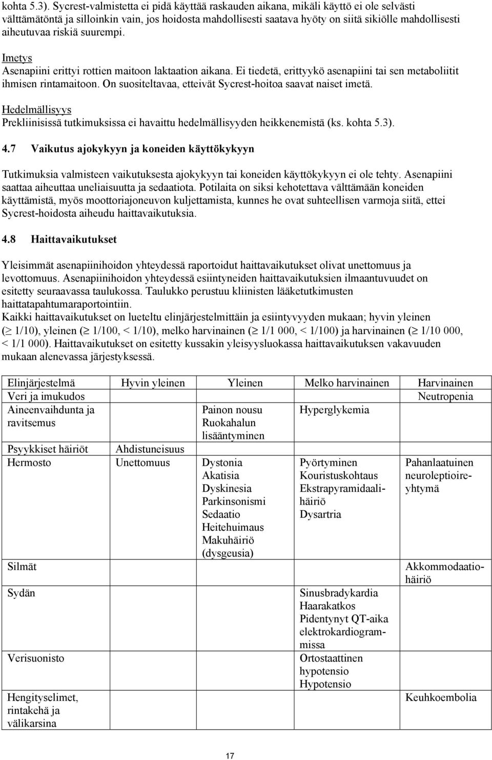 aiheutuvaa riskiä suurempi. Imetys Asenapiini erittyi rottien maitoon laktaation aikana. Ei tiedetä, erittyykö asenapiini tai sen metaboliitit ihmisen rintamaitoon.