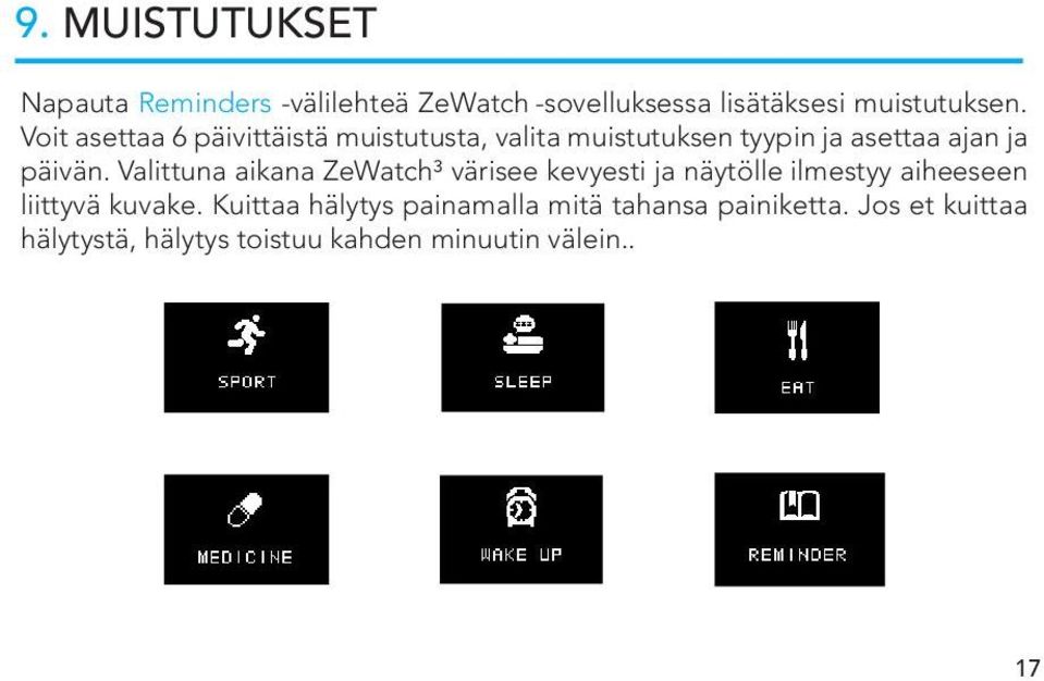 Valttuna akana ZeWatch³ värsee kevyest ja näytölle lmestyy aheeseen lttyvä kuvake.