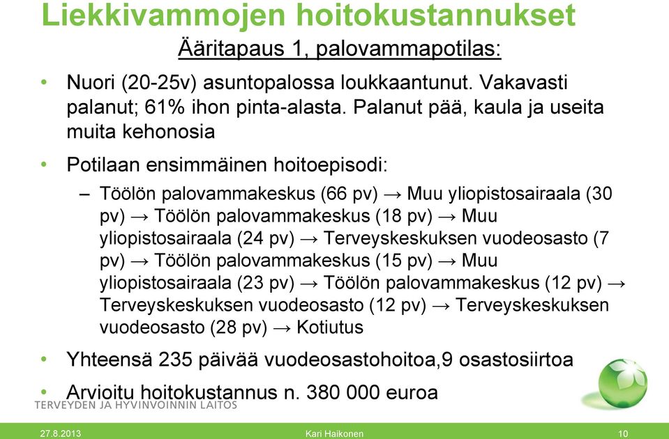 palovammakeskus (18 pv) Muu yliopistosairaala (24 pv) Terveyskeskuksen vuodeosasto (7 pv) Töölön palovammakeskus (15 pv) Muu yliopistosairaala (23 pv) Töölön