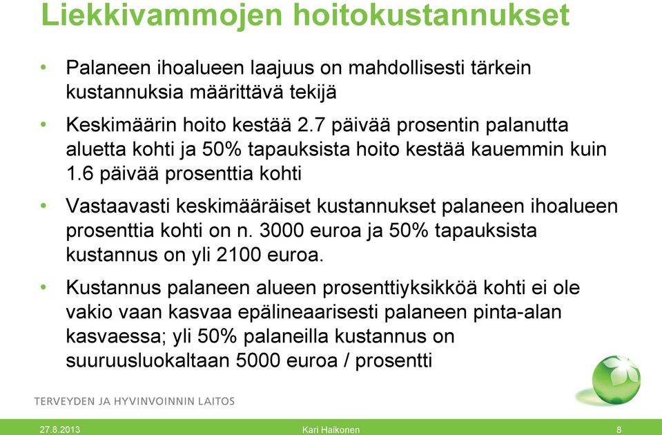 6 päivää prosenttia kohti Vastaavasti keskimääräiset kustannukset palaneen ihoalueen prosenttia kohti on n.