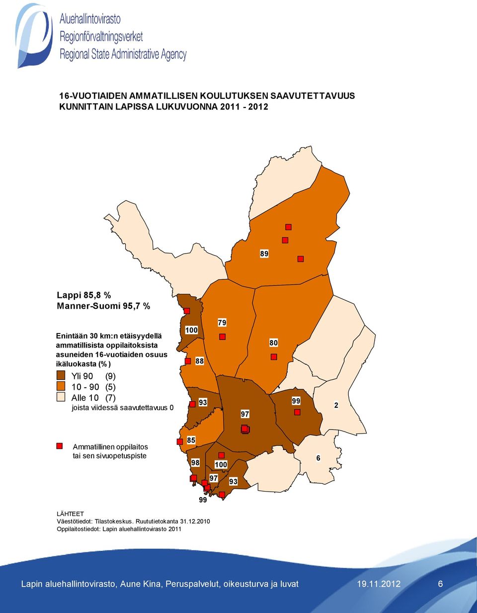 16-vuotiaiden osuus ikäluokasta (%) Yli 90 (9) 10-90 (5) Alle 10 (7) joista viidessä saavutettavuus 0 100