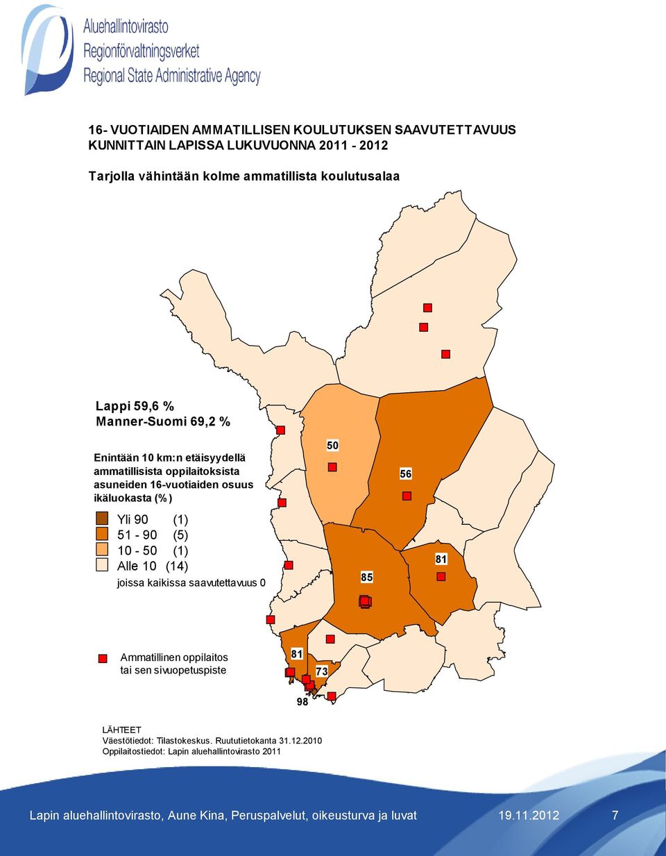 oppilaitoksista asuneiden 16-vuotiaiden osuus ikäluokasta (%) 50 56 Yli 90 (1) 51-90 (5) 10-50 (1) Alle 10 (14)