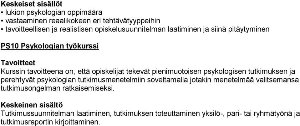 tutkimuksen ja perehtyvät psykologian tutkimusmenetelmiin soveltamalla jotakin menetelmää valitsemansa tutkimusongelman