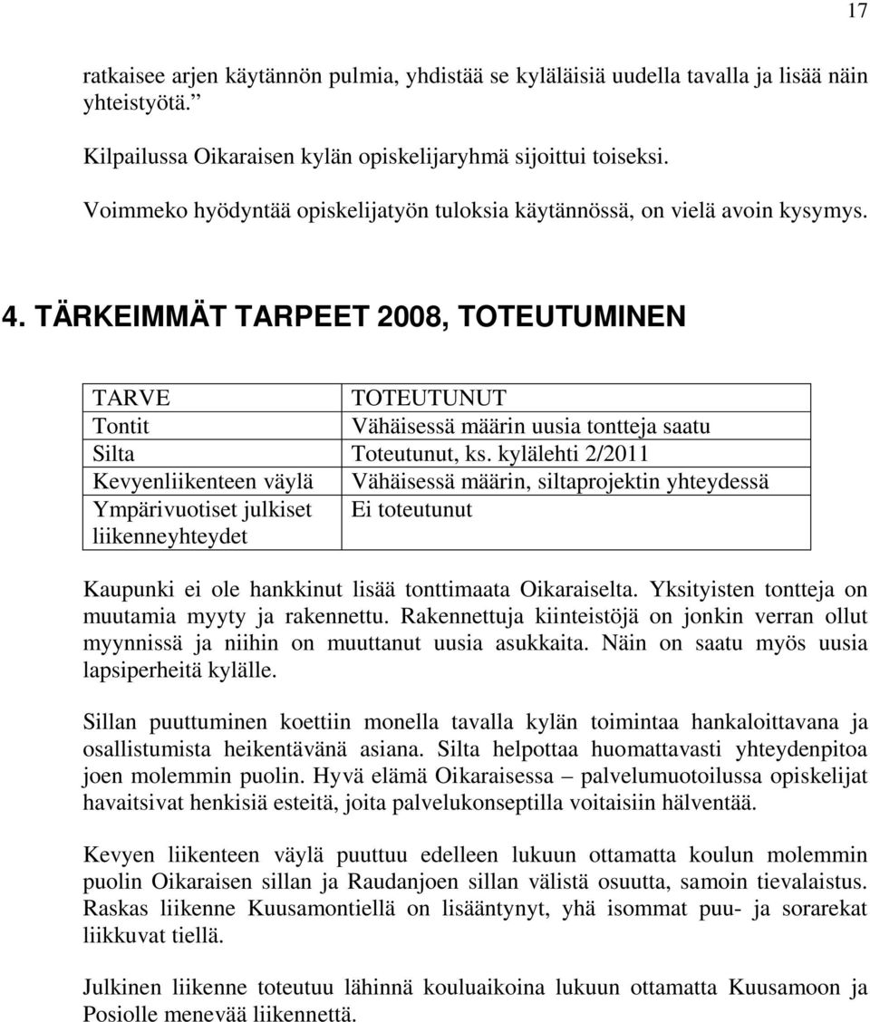 TÄRKEIMMÄT TARPEET 2008, TOTEUTUMINEN TARVE TOTEUTUNUT Tontit Vähäisessä määrin uusia tontteja saatu Silta Toteutunut, ks.