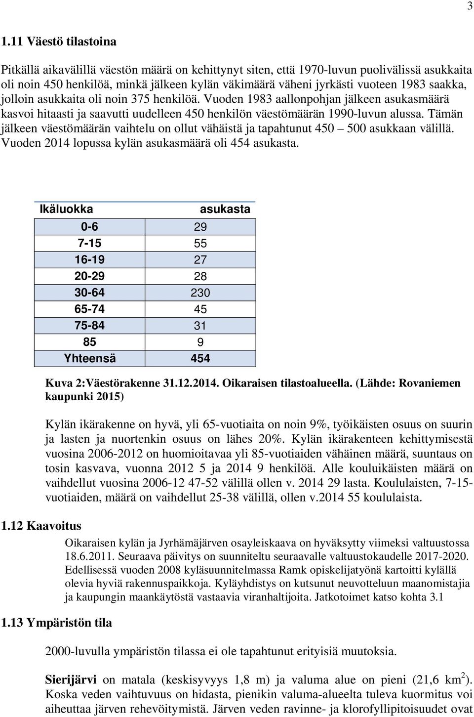 Tämän jälkeen väestömäärän vaihtelu on ollut vähäistä ja tapahtunut 450 500 asukkaan välillä. Vuoden 2014 lopussa kylän asukasmäärä oli 454 asukasta. Ikäluokka Kuva 2:Väestörakenne 31.12.2014. Oikaraisen tilastoalueella.