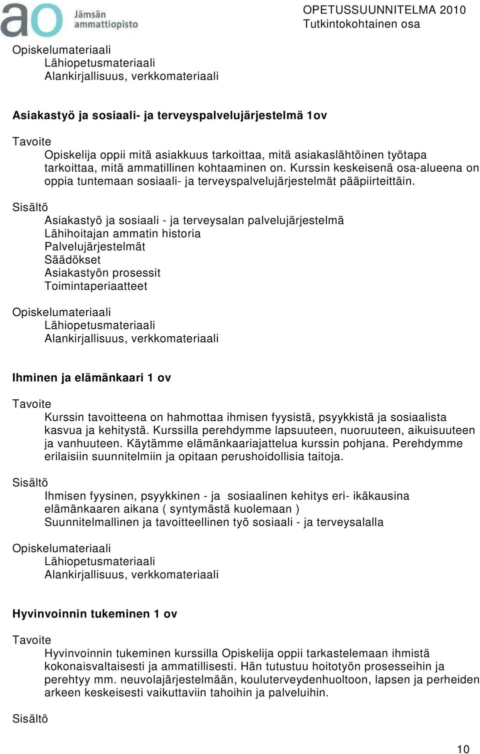 Asiakastyö ja sosiaali - ja terveysalan palvelujärjestelmä Lähihoitajan ammatin historia Palvelujärjestelmät Säädökset Asiakastyön prosessit Toimintaperiaatteet Lähiopetusmateriaali Alankirjallisuus,