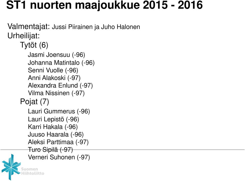 Alexandra Enlund (-97) Vilma Nissinen (-97) Pojat (7) Lauri Gummerus (-96) Lauri Lepistö (-96)