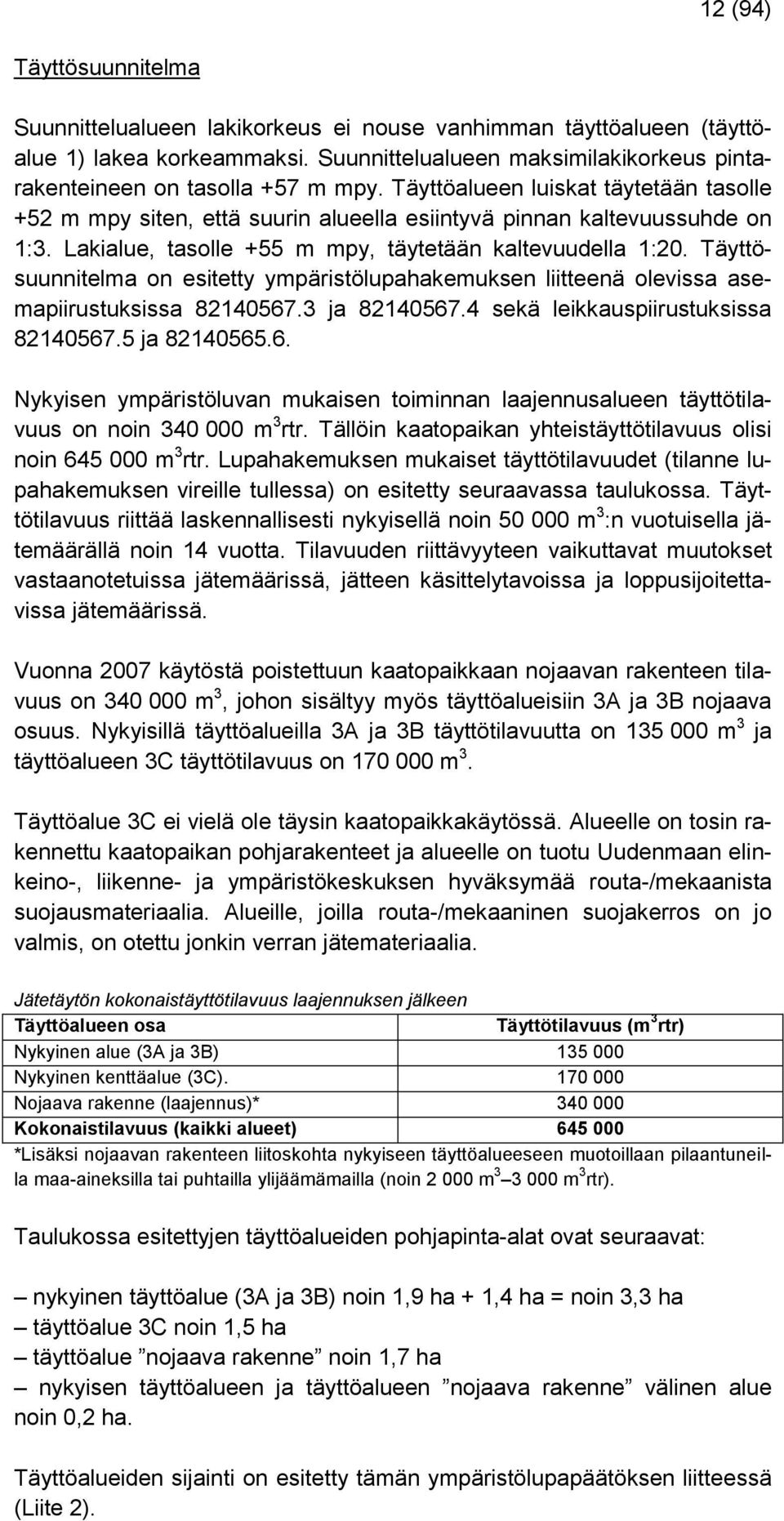 Täyttösuunnitelma on esitetty ympäristölupahakemuksen liitteenä olevissa asemapiirustuksissa 82140567.3 ja 82140567.4 sekä leikkauspiirustuksissa 82140567.5 ja 82140565.6. Nykyisen ympäristöluvan mukaisen toiminnan laajennusalueen täyttötilavuus on noin 340 000 m 3 rtr.