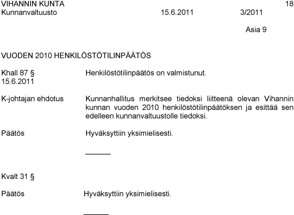 Kunnanhallitus merkitsee tiedoksi liitteenä olevan Vihannin kunnan vuoden 2010