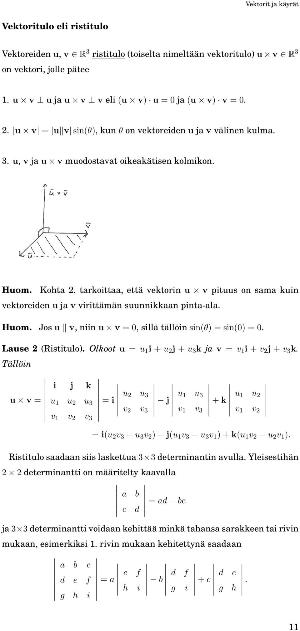 tarkoittaa, että vektorin u v pituus on sama kuin vektoreiden u ja v virittämän suunnikkaan pinta-ala. Huom. Jos u v, niin u v =, sillä tällöin sin(θ) = sin() =. Lause 2 (Ristitulo).