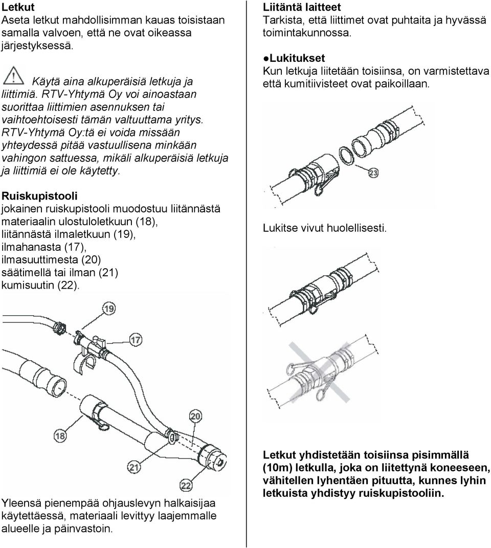 RTV-Yhtymä Oy:tä ei voida missään yhteydessä pitää vastuullisena minkään vahingon sattuessa, mikäli alkuperäisiä letkuja ja liittimiä ei ole käytetty.