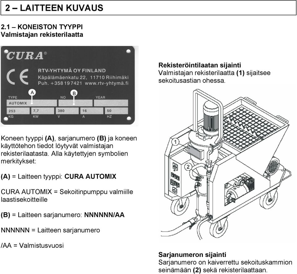 Koneen tyyppi (A), sarjanumero (B) ja koneen käyttötehon tiedot löytyvät valmistajan rekisterilaatasta.