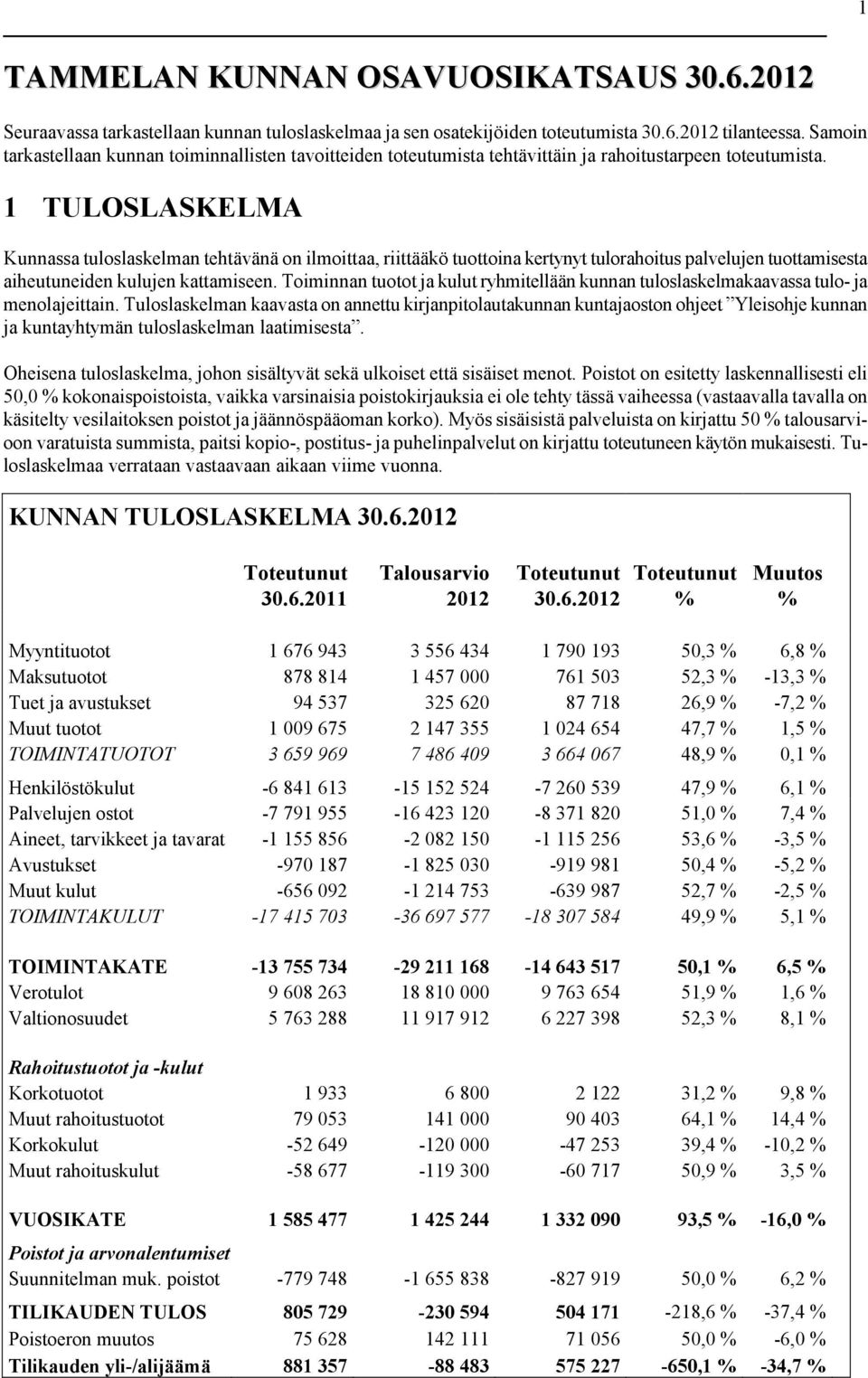 1 TULOSLASKELMA Kunnassa tuloslaskelman tehtävänä on ilmoittaa, riittääkö tuottoina kertynyt tulorahoitus palvelujen tuottamisesta aiheutuneiden kulujen kattamiseen.