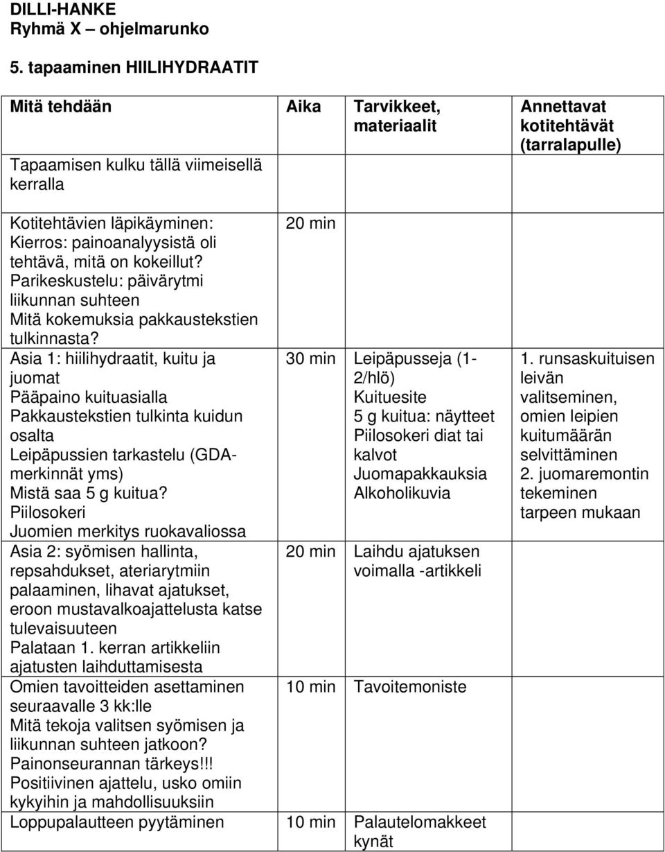 Asia 1: hiilihydraatit, kuitu ja juomat Pääpaino kuituasialla Pakkaustekstien tulkinta kuidun osalta Leipäpussien tarkastelu (GDAmerkinnät yms) Mistä saa 5 g kuitua?