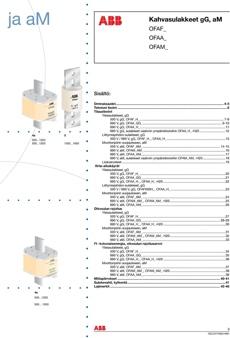 ..12 Liittymisjohdon sulakkeet, gg 500 V / 690 V, gg, _H_, _H_...13 Moottoripiirin suojaukseen, am 500 V, am, _AM_... 14-15 690 V, am, OFAM_AM_...16 690 V, am, _AM_.