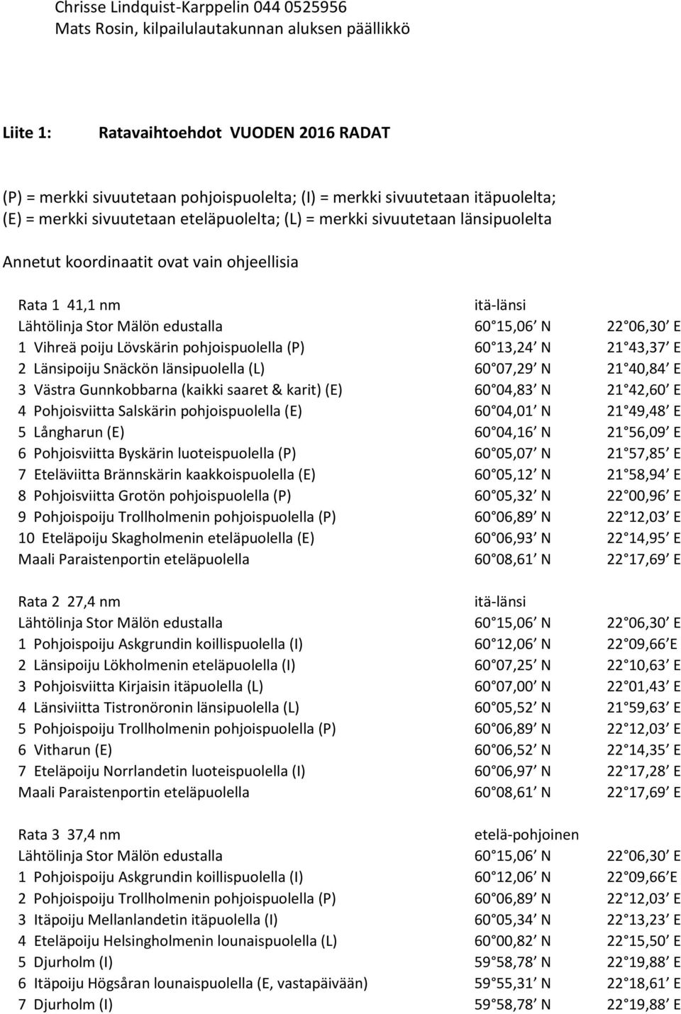 pohjoispuolella (P) 60 13,24 N 21 43,37 E 2 Länsipoiju Snäckön länsipuolella (L) 60 07,29 N 21 40,84 E 3 Västra Gunnkobbarna (kaikki saaret & karit) (E) 60 04,83 N 21 42,60 E 4 Pohjoisviitta