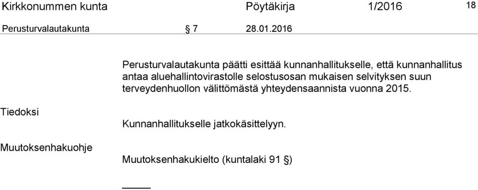 2016 Perusturvalautakunta päätti esittää kunnanhallitukselle, että kunnanhallitus antaa