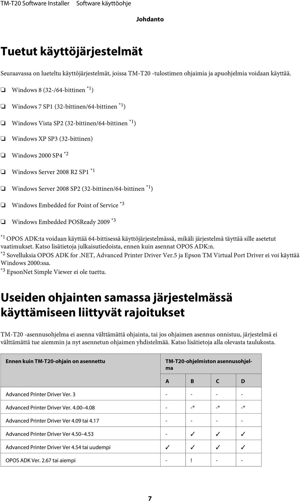 *1 Windows Server 2008 SP2 (32-bittinen/64-bittinen *1 ) Windows Embedded for Point of Service *3 Windows Embedded POSReady 2009 *3 *1 OPOS ADK:ta voidaan käyttää 64-bittisessä käyttöjärjestelmässä,