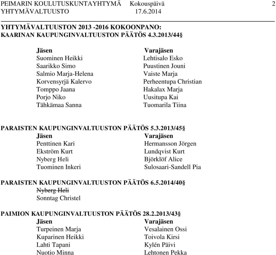 2013/44 Jäsen Suominen Heikki Saarikko Simo Salmio Marja-Helena Korvensyrjä Kalervo Tomppo Jaana Porjo Niko Tähkämaa Sanna Varajäsen Lehtisalo Esko Puustinen Jouni Vaiste Marja Perheentupa