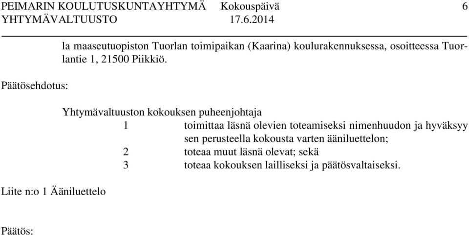 Yhtymävaltuuston kokouksen puheenjohtaja 1 toimittaa läsnä olevien toteamiseksi nimenhuudon