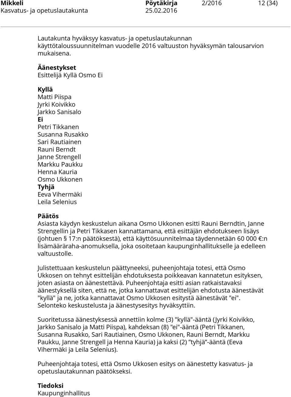 Ukkonen Tyhjä Eeva Vihermäki Leila Selenius Päätös Asiasta käydyn keskustelun aikana Osmo Ukkonen esitti Rauni Berndtin, Janne Strengellin ja Petri Tikkasen kannattamana, että esittäjän ehdotukseen