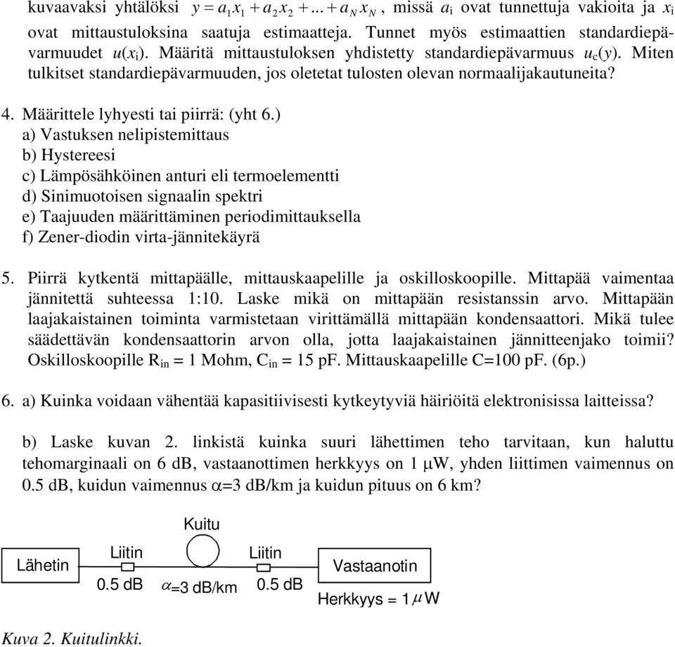 ) a) Vastuksen nelipistemittaus b) Hystereesi c) Lämpösähköinen anturi eli termoelementti d) Sinimuotoisen signaalin spektri e) Taajuuden määrittäminen periodimittauksella f) Zener-diodin