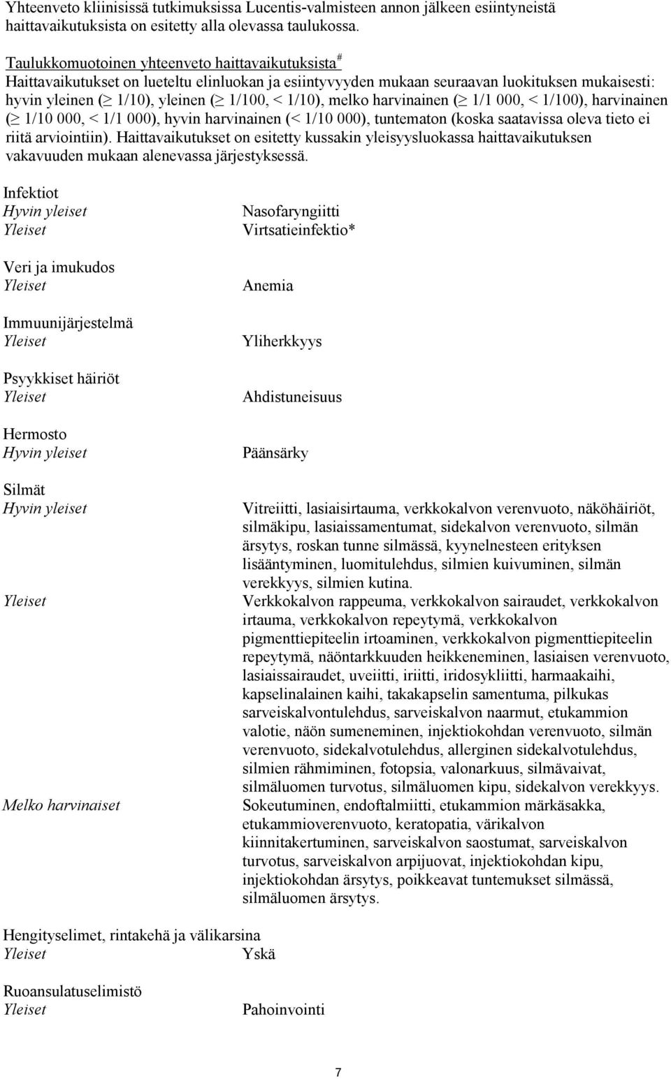 melko harvinainen ( 1/1 000, < 1/100), harvinainen ( 1/10 000, < 1/1 000), hyvin harvinainen (< 1/10 000), tuntematon (koska saatavissa oleva tieto ei riitä arviointiin).