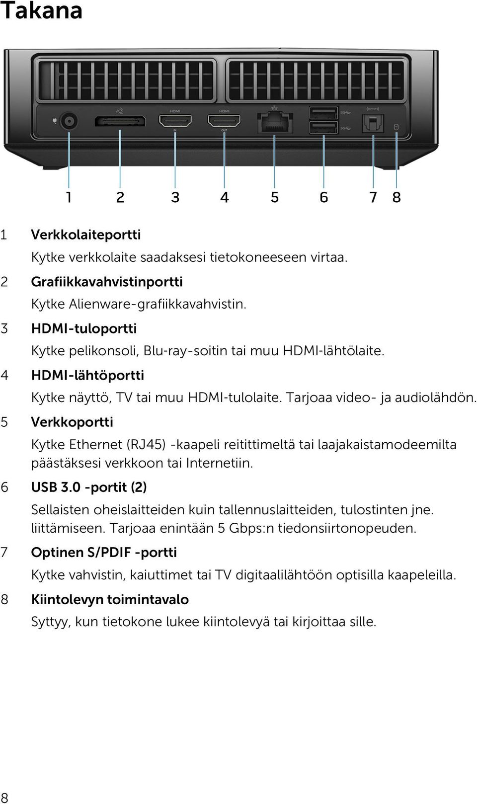 5 Verkkoportti Kytke Ethernet (RJ45) -kaapeli reitittimeltä tai laajakaistamodeemilta päästäksesi verkkoon tai Internetiin. 6 USB 3.