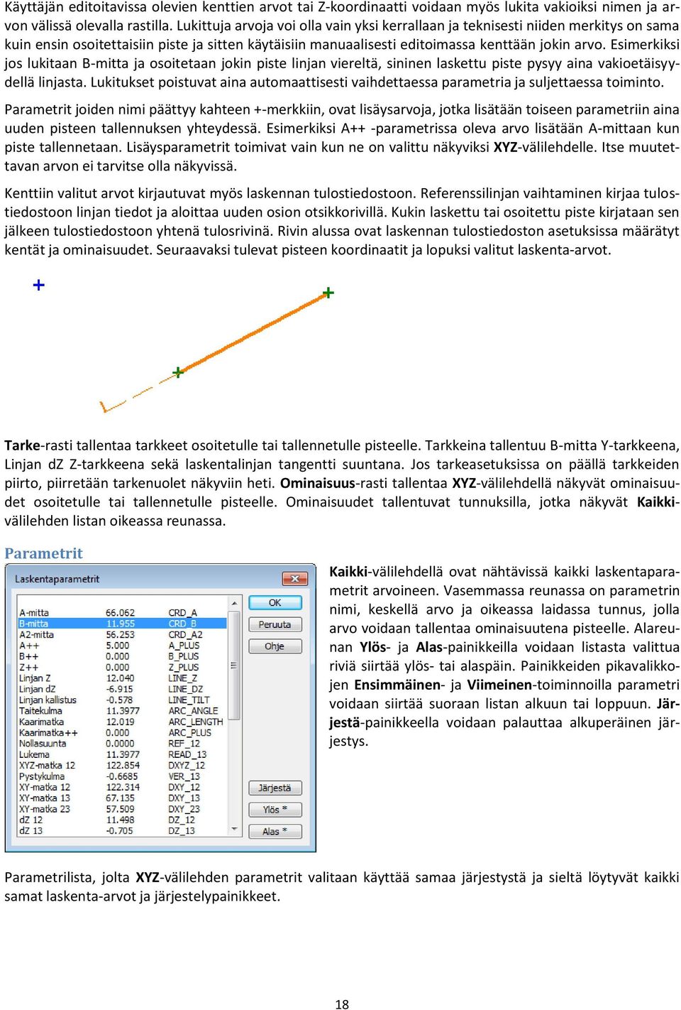 Esimerkiksi jos lukitaan B-mitta ja osoitetaan jokin piste linjan viereltä, sininen laskettu piste pysyy aina vakioetäisyydellä linjasta.
