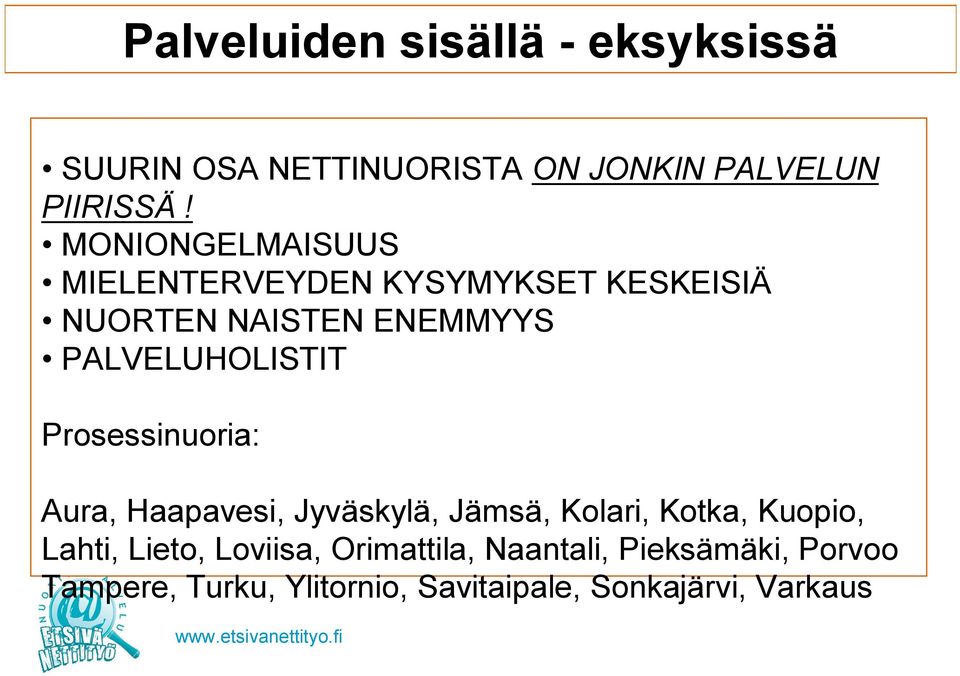 Prosessinuoria: Aura, Haapavesi, Jyväskylä, Jämsä, Kolari, Kotka, Kuopio, Lahti, Lieto,