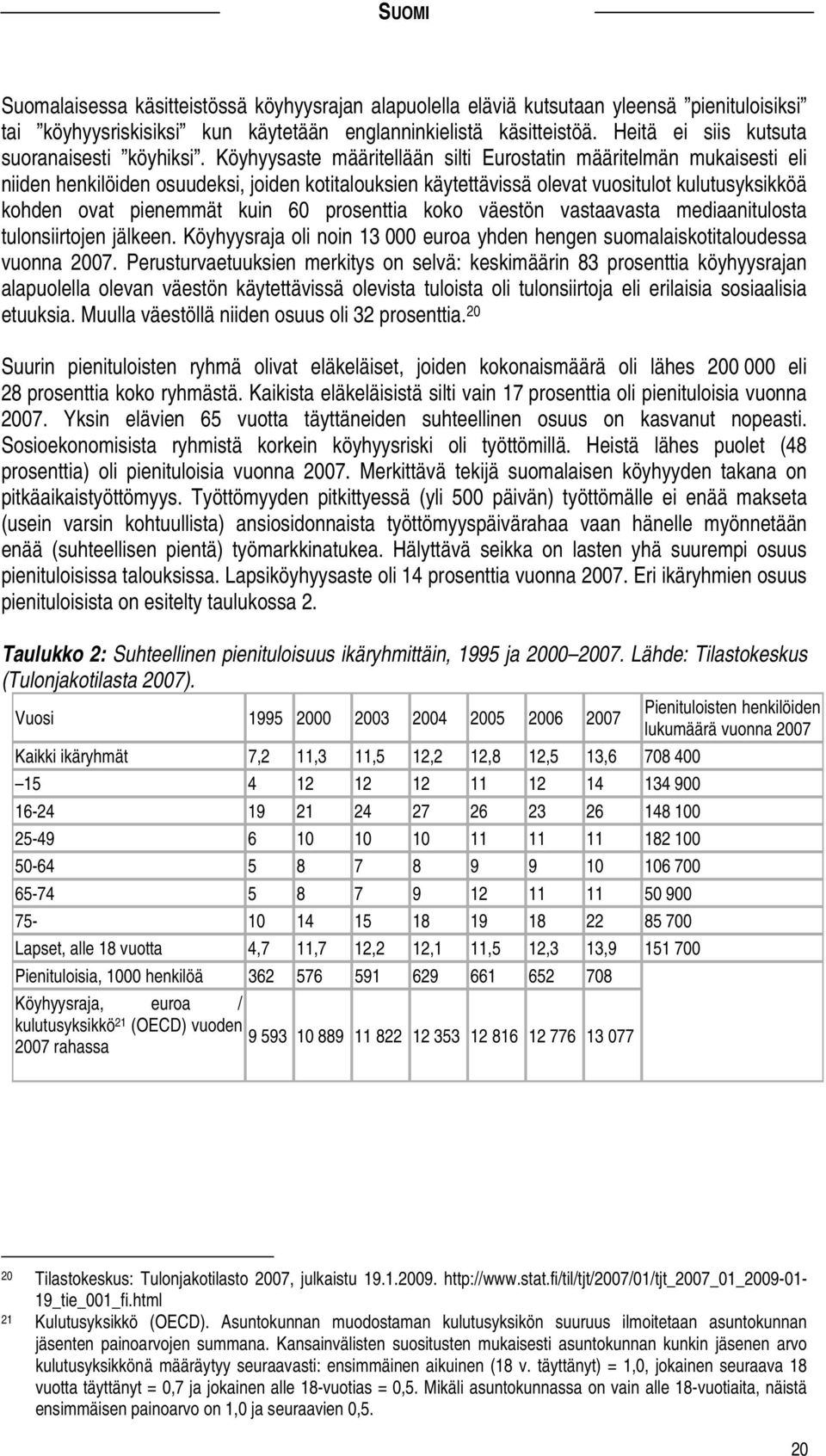 Köyhyysaste määritellään silti Eurostatin määritelmän mukaisesti eli niiden henkilöiden osuudeksi, joiden kotitalouksien käytettävissä olevat vuositulot kulutusyksikköä kohden ovat pienemmät kuin 60