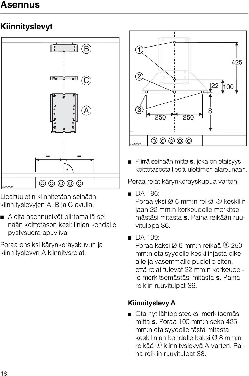 Poraa reiät kärynkeräyskupua varten: DA 196: Poraa yksi Ø 6 mm:n reikä c keskilinjaan 22 mm:n korkeudelle merkitsemästäsi mitasta s. Paina reikään ruuvitulppa S6.