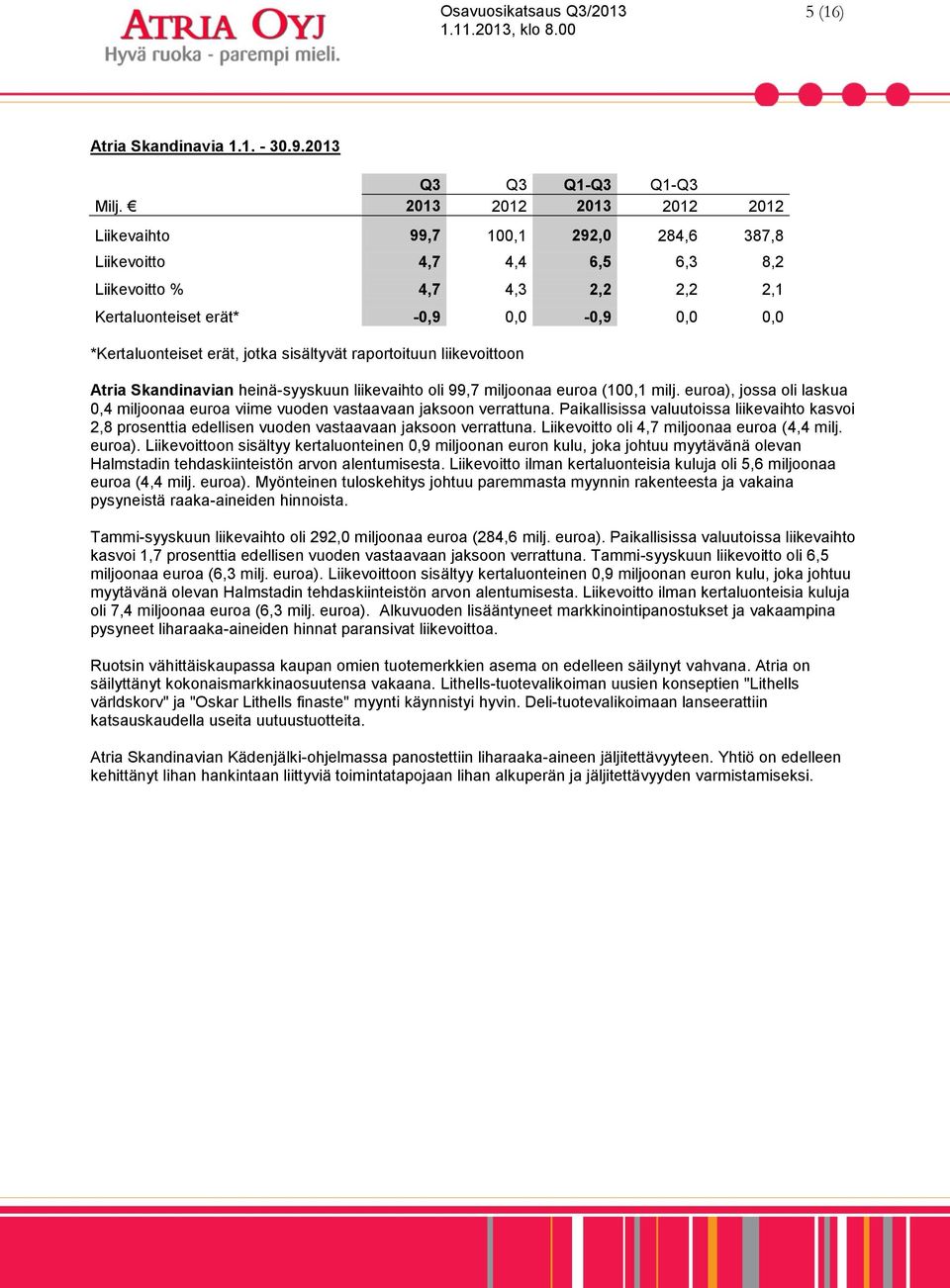 jotka sisältyvät raportoituun liikevoittoon Atria Skandinavian heinä-syyskuun liikevaihto oli 99,7 miljoonaa euroa (100,1 milj.